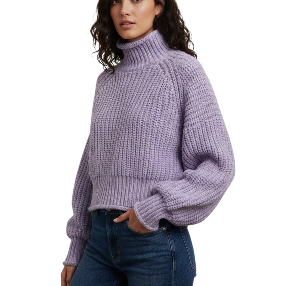 Chunky Lavender Cropped Turtleneck Sweater | Brioche Knit Mock Neck